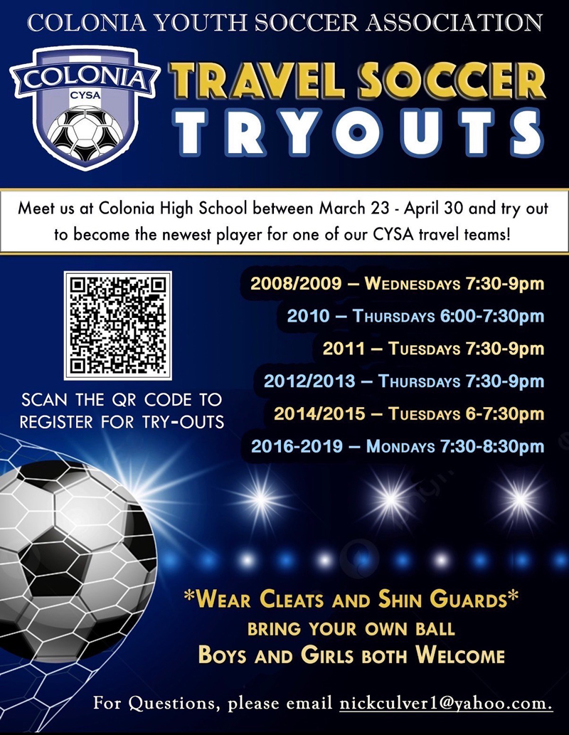 Colonia Youth Soccer Travel Soccer Tryouts flyer